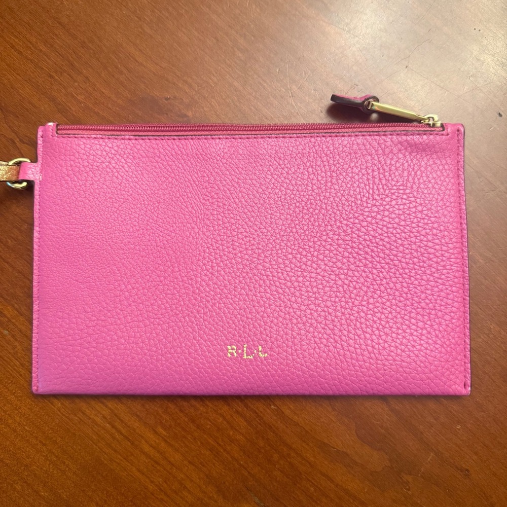 RLL Ralph Lauren zipper pouch pink pebbled leather travel storage wristlet